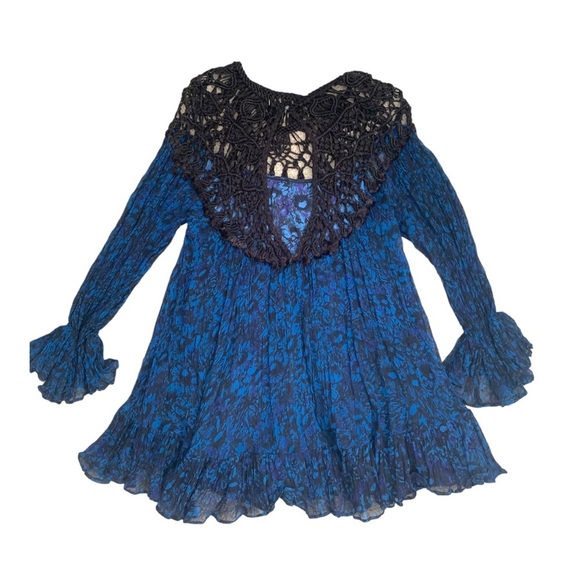 Free People Faded Daisy Frock Dress Macrame Chiffon Cobalt. Size XS. - Picture 5 of 9